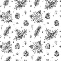 padrão sem emenda de Natal com azevinho desenhado de mão, Poinsétia, galhos de árvores de Natal e cones isolados no fundo branco. ilustração vetorial em estilo vintage de desenho vetor