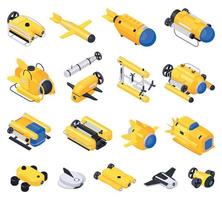conjunto de ícones isométricos de equipamentos de máquinas de veículos subaquáticos vetor