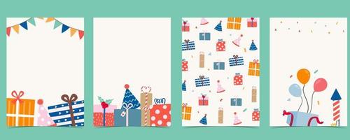 coleção de cartões de festa com caixa de presente, balão, fita, ilustração confetti.vector para cartaz, cartão postal, banner, capa vetor
