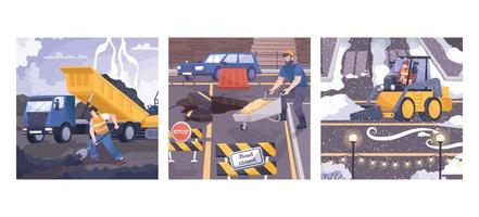 conjunto de ícones planos de ilustração de três reparos de estradas vetor