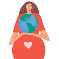 protegendo a ambiente, planeta, ecologia conceito mão desenhar ilustração. gravidez mulher segurando uma planeta dentro dela mãos. vetor