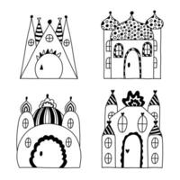 fofa conjunto com fada conto castelos com torres do reis e rainhas. agrupar do Magia medieval castelos para crianças berçário, crianças cartazes, quarto Projeto. vetor mão desenhado rabisco do real reino