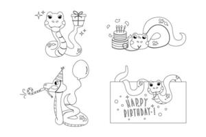 conjunto desenho animado cor livro personagem aniversário serpente mão desenhado vetor