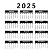 calendário 2025 dentro Preto e branco vetor
