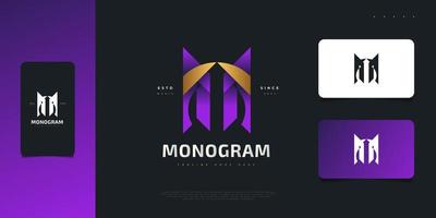 design de logotipo abstrato e elegante letra m com conceito moderno em gradiente de roxo e dourado. logotipo, símbolo ou ícone do monograma m vetor