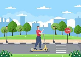 ilustração plana do vetor de scooter. pessoas andando de bicicleta, esportes e atividades recreativas ao ar livre em estradas ou rodovias estão levando um estilo de vida saudável