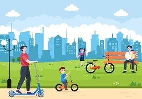 ilustração plana de vetor de bicicleta e scooter. pessoas andando nele, esportes, atividades recreativas ao ar livre em estradas ou rodovias estão levando um estilo de vida saudável