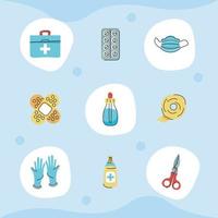 nove ícones de kits médicos vetor
