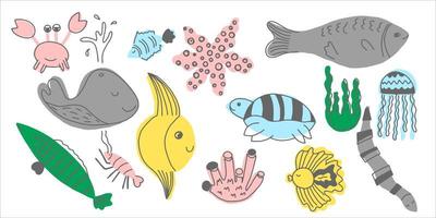 mão desenhar um conjunto de vetores de diferentes criaturas marinhas peixes, estrelas do mar, águas-vivas, algas marinhas, coral, caranguejo, camarão, moreia, lua de peixe. ilustração de doodles.