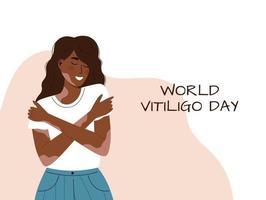 ilustração em vetor de sorridente garota afro-americana com vitiligo. dia mundial do vitiligo. outro tipo de beleza. ame-se, aceite o seu corpo. banner para o dia internacional do vitiligo. fundo branco.