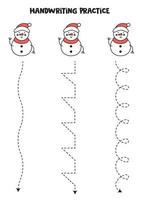 traçando linhas com bonecos de neve bonitos dos desenhos animados. prática da escrita. vetor