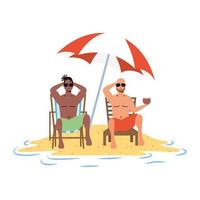 homens inter-raciais relaxando na praia sentados em cadeiras e guarda-sol