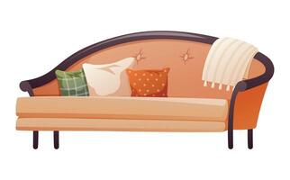 vintage clássico suave confortável laranja sofá com almofadas e cobertor. vivo quarto interior decoração. vetor isolado desenho animado ilustração do mobiliário.