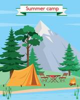 verão ou Primavera panorama com montanha, floresta, lago e acampamento tendas. turista acampamento conceito. . vetor bandeira ou poster ilustração.