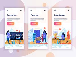 Conjunto de kit de interface de usuário de telas onboarding para economia, finanças, investimento, conceito de modelos de aplicativo móvel. Modern UX, tela de interface do usuário para site móvel ou responsivo. Ilustração vetorial vetor