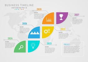 6 ano Linha do tempo infográfico modelo. multicolorido geométrico formas com branco ícones dentro a Centro do linhas e círculos. em a esquerda e certo estão a ano números e texto abaixo com uma mapa. vetor