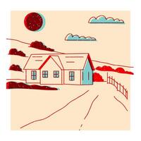 panorama. rancho, casa dentro a montanha, fazenda, Prado, casa, árvore, estrada, montanha. mão desenhado vetor ilustração. colorida fofa tela impressão efeito. riso impressão efeito. ícone, logotipo, imprimir, poster