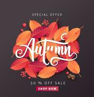 layout de fundo de venda de outono decore com folhas para venda de compras ou pôster promocional e folheto de moldura ou banner da web vetor