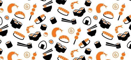 japonês Comida padrão, Sushi sashimi ramen fofa ícone desatado padrão, repetir papel de parede fundo vetor