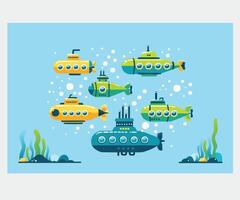 conjunto desenho animado submarinos embaixo da agua marinha fundo ilustração vetor