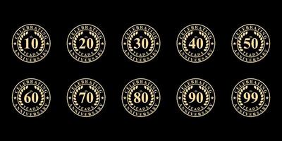 coleção do aniversário logotipos a partir de 10 anos para 99 anos com retro círculo estilo e circular folhas para celebração eventos, cumprimento cartões, convites e Casamento celebrações vetor