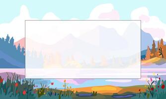 bandeira e turismo anúncio. fundo com uma panorama perto uma montanha lago. rio banco às pôr do sol. vetor