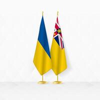 Ucrânia e niue bandeiras em bandeira ficar em pé, ilustração para diplomacia e de outros encontro entre Ucrânia e niue. vetor