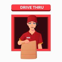 velozes Comida restaurante trabalhador, mulher servindo ordem às uma dirigir através janela, desenho animado dirigir através serviço conceito, vetor ilustração