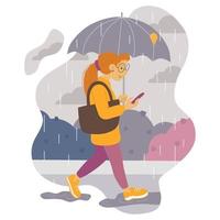 ilustração em vetor de uma aluna ruiva andando com um guarda-chuva na chuva e olhando para o telefone