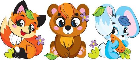 raposa, urso e lebre. coelho com cenouras. ilustração de bebê fofo. vetor