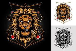 ouro de cabeça de leão de vetor com fundo de ornamento. ilustração do rei do leão para o design da camisa