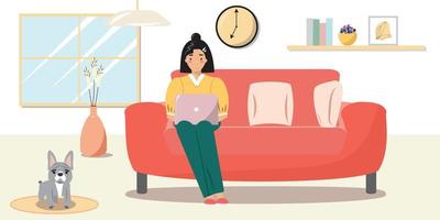 jovem bonita sentada no sofá e trabalhando em casa com um laptop. bonito bulldog francês sentado ao lado da mulher. escritório em casa, freelance, ilustração do conceito de estudo on-line. vetor