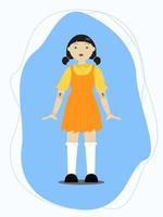 uma grande boneca assassina do jogo de lula. uma garota com um vestido laranja.