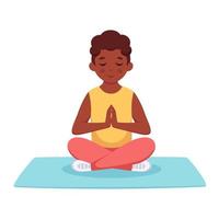 menino negro meditando na posição de lótus. ioga e meditação para crianças vetor