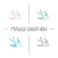 engolir conjunto de ícones de mão desenhada de pássaro. esboço de tatuagem de marinheiro. pincelada de cor. ilustrações esboçadas de vetor isoladas