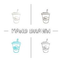 Conjunto de ícones de mão desenhada de bebida de café gelado. xícara de café descartável com canudo. pincelada de cor. ilustrações esboçadas de vetor isoladas