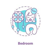 ícone do conceito de acessórios para dormir. ilustração de linha fina de ideia de quarto. mulher adormecida, travesseiro de pescoço e apanhador de sonhos. desenho de contorno isolado de vetor