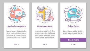 tela da página do aplicativo móvel de integração de serviços públicos com conceitos. força policial, departamento de bombeiros, instruções gráficas de etapas de emergência médica. modelo de vetor ux, ui, gui com ilustrações