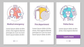 tela da página do aplicativo móvel de integração de serviços públicos com conceitos. força policial, departamento de bombeiros, instruções gráficas de etapas de emergência médica. modelo de vetor ux, ui, gui com ilustrações