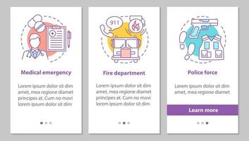 tela da página do aplicativo móvel de integração de serviços públicos com conceitos. força policial, departamento de bombeiros, instruções gráficas de etapas de emergência médica. modelo de vetor ux, ui, gui com ilustrações