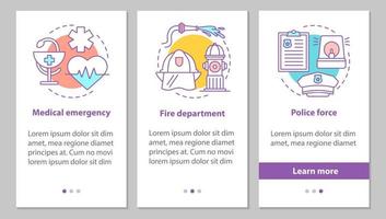 tela da página do aplicativo móvel de integração de serviços públicos com conceitos. força policial, departamento de bombeiros, instruções gráficas de etapas de emergência médica. modelo de vetor ux, ui, gui com ilustrações