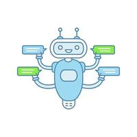 chatbot com ícone de cor de quatro balões de fala. talkbot conversando com vários usuários. serviço de apoio ao cliente. robô moderno. ilustração vetorial isolada vetor