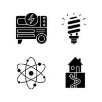 conjunto de ícones de glifo de energia elétrica. gerador portátil de energia, lâmpada fluorescente compacta, energia geotérmica e nuclear. símbolos de silhueta. ilustração isolada do vetor