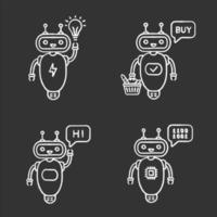 conjunto de ícones de giz de chatbots. talkbots. assistentes virtuais. nova ideia, compre, oi, bots de chat de código. robôs modernos. ilustrações vetoriais isoladas em quadro-negro vetor