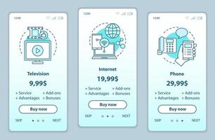 tv, telefone, internet agrupar telas de aplicativos móveis com preços de serviço. planos tarifários e etapas de pacotes. passo a passo modelos de páginas de site. layout de página da web de pagamento de smartphone vetor