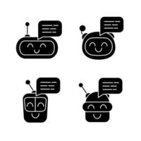 conjunto de ícones de glifo de mensagens de chatbots. talkbots. rindo assistentes virtuais. agentes conversacionais. robôs modernos. símbolos de silhueta. ilustração isolada do vetor