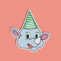 adesivo de rosto de animal com rinoceronte usando chapéu de festa. Design de personagem. vetor