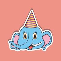 adesivo de rosto de animal com elefante usando chapéu de festa. Design de personagem. vetor