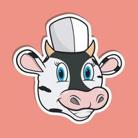 adesivo de rosto de animal com vaca usando chapéu de chef. Design de personagem vetor