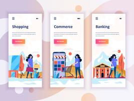 Conjunto de kit de interface de usuário de telas onboarding para compras, comércio eletrônico, serviços bancários, o conceito de modelos de aplicativo móvel. Modern UX, tela de interface do usuário para site móvel ou responsivo. Ilustração vetorial vetor